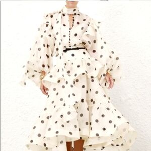 Zimmerman crush tie neck ruffle blouse cream and black dot